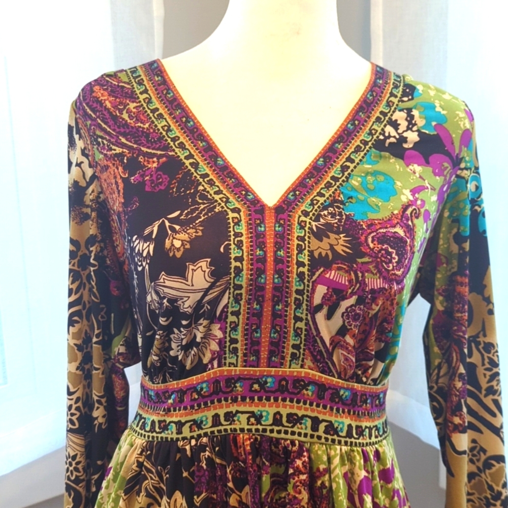 Bohemian midi dress wrinkle free paisley hippie - Picture 2 of 3